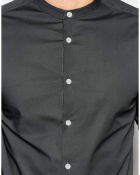 Asos Brand Skinny Shirt In Charcoal With Grandad Collar