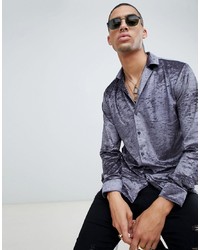 Twisted Tailor Skinny Fit Shirt In Grey Crushed Velvet