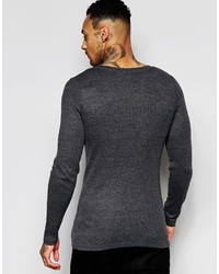Asos Brand Rib Extreme Muscle Long Sleeve T Shirt With Scoop Neck In Charcoal