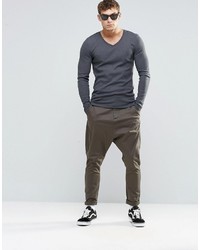 Asos Brand Rib Extreme Muscle Long Sleeve T Shirt With V Neck Charcoal