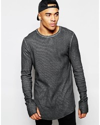 Asos Brand Waffle Jersey Longline Long Sleeve T Shirt In Oil Wash With Thumbholes