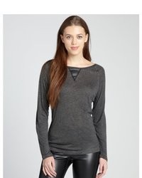 RD Style Charcoal Grey Stretchy Jersey And Faux Leather Trim Long Sleeve T Shirt