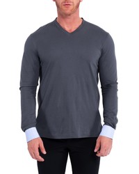 Maceoo Edison Solidburst Grey Long Sleeve V Neck T Shirt