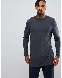 ASOS DESIGN Longline Long Sleeve T Shirt In Drape Viscose Fabric In Washed Black