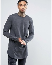 Asos Super Longline Long Sleeve T Shirt With Curved Hem And Zips In Charcoal Marl