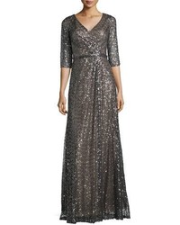 La Femme 34 Sleeve Sequined Mesh Gown Charcoal