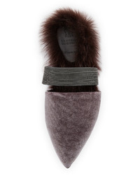 Brunello Cucinelli Fur Lined Velvet Mule With Monili Strap