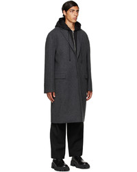 Juun.J Grey Wool Detachable Hood Long Coat