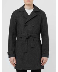 Topman Dark Grey Textured Wool Rich Trench Coat