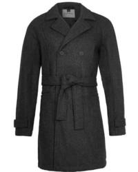 Topman Dark Grey Textured Wool Rich Trench Coat