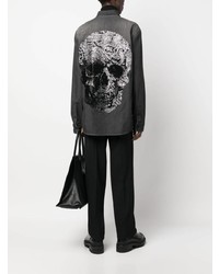 Philipp Plein Rhinestone Skull Print Denim Shirt