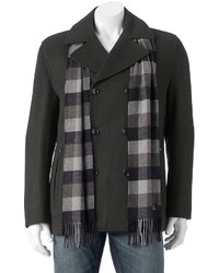 Towne Wool Blend Double Breasted Peacoat With Plaid Scarf