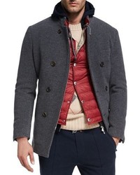 Brunello Cucinelli Wool Cashmere Zip Front Pea Coat Dark Gray