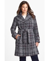 DKNY Belted Plaid Tweed Coat