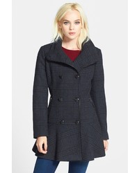 GUESS Plaid Skirted Wool Blend Coat
