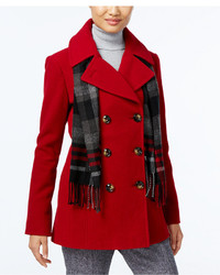 London Fog Petite Double Breasted Peacoat With Plaid Scarf