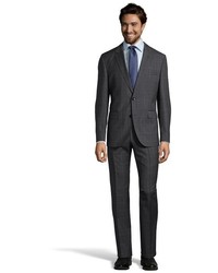Hugo Boss Dark Grey Muted Plaid Super 110 Virgin Wool 2 Button Johnstons Lenon Suit With Flat Front Pants