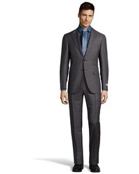 Canali Grey And Navy Large Plaid Wool 2 Button Suit With Pleated Front Pants