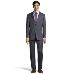 Tommy Hilfiger Grey Pin Stripe Plaid Worsted Wool 2 Button Vasser Suit With Flat Front Pants