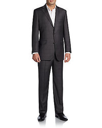 Saks Fifth Avenue BLACK Regular Fit Shark Plaid Woolsilk Suit