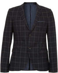 Topman Navy And Grey Checked Skinny Suit Jacket