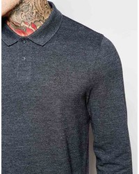 Asos Brand Pique Long Sleeve Polo With Logo In Charcoal