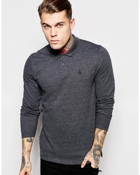Asos Brand Pique Long Sleeve Polo With Logo In Charcoal