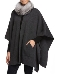 Sofia Cashmere Cashmere Fur Trim Poncho W Pockets Charcoal