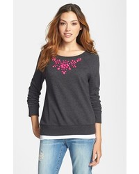 Halogen Embellished Neck Sweatshirt Charcoal Pink Gem Combo Medium P