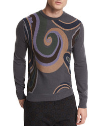 Etro Swirl Print Crewneck Cashmere Sweater Gray