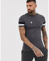 ASOS DESIGN Muscle Fit T Shirt With Contrast Sleeve Stripe In Charcoal Marl