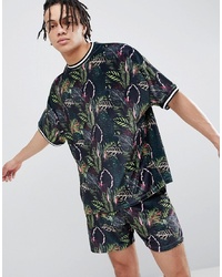 ASOS DESIGN Oversized Velour T Shirt In Jungle Print With Tipped Rib Co Ord