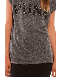 Romwe Star Punk Print Riveted Grey T Shirt