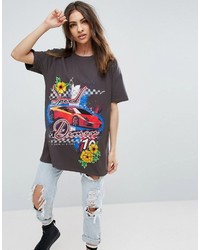 Asos T Shirt With Racer Print And Floral Applique