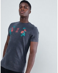 ASOS DESIGN T Shirt With Rose Yoke Print And Acid Wash