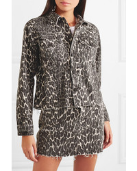 Mother The Cut Drifter Distressed Leopard Print Denim Jacket