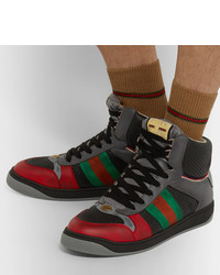 Gucci Screener Webbing Trimmed Distressed Leather High Top Sneakers