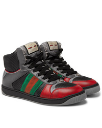 Gucci Screener Webbing Trimmed Distressed Leather High Top Sneakers