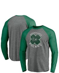 FANATICS Branded Heathered Gray Philadelphia Flyers St Patricks Day Celtic Crew Long Sleeve Raglan Tri Blend T Shirt In Heather Gray At