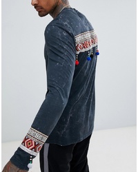 ASOS DESIGN Longline Long Sleeve T Shirt With Back And Cuff Aztec Taping