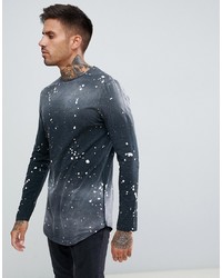 ASOS DESIGN Relaxed Super Longline Long Sleeve T Shirt With Curved Hem In Acid And Splatter Wash