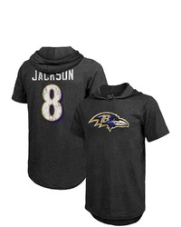 Majestic Threads Fanatics Branded Lamar Jackson Black Baltimore Ravens Player Name Number Tri Blend Hoodie T Shirt
