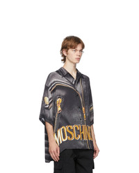 Moschino Black And Gold Leather Print Half Sleeve Shirt