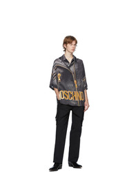 Moschino Black And Gold Leather Print Half Sleeve Shirt