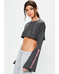 Missguided Grey Graphic Sleeve Print Cropped Sweatshirt