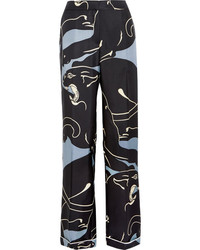 Valentino Panther Printed Silk Twill Wide Leg Pants Gray