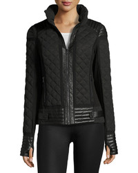 Blanc Noir Leather Trim Quilted Moto Puffer Jacket Charcoal Heather