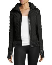 Blanc Noir Leather Trim Quilted Moto Puffer Jacket Charcoal Heather