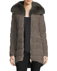 Herno Zip Front Quilted Puffer Suede Coat W Fur Collar