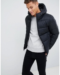 Celio Black Hooded Puffer Jacket In Dogstooth